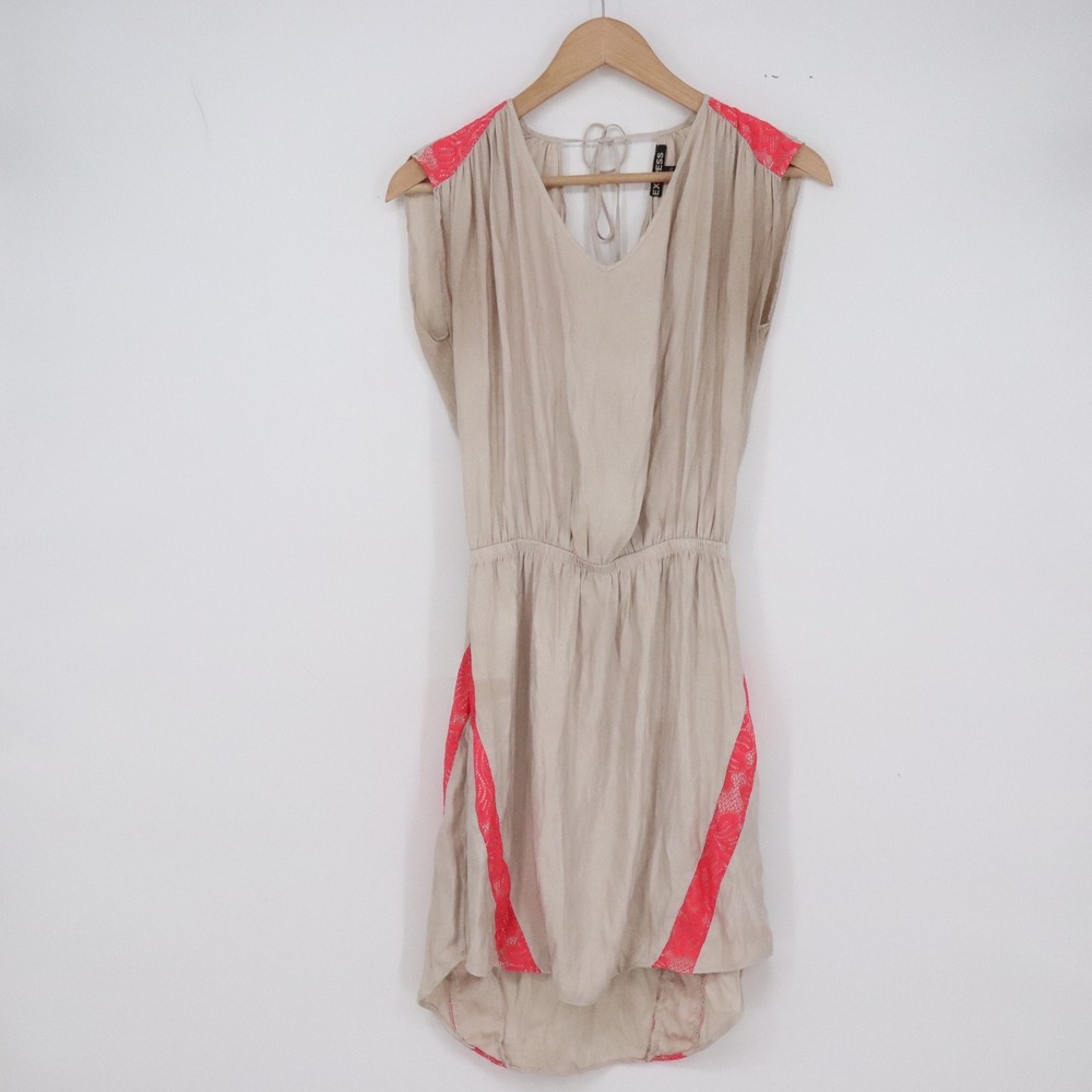 Express Dress Womens Small Petite Beige Neon Pink Lace Trim Wrap Back Excellent